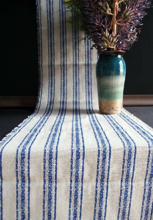 Rustic Blue Stripes Fringed Linen Table Runner 14" wide