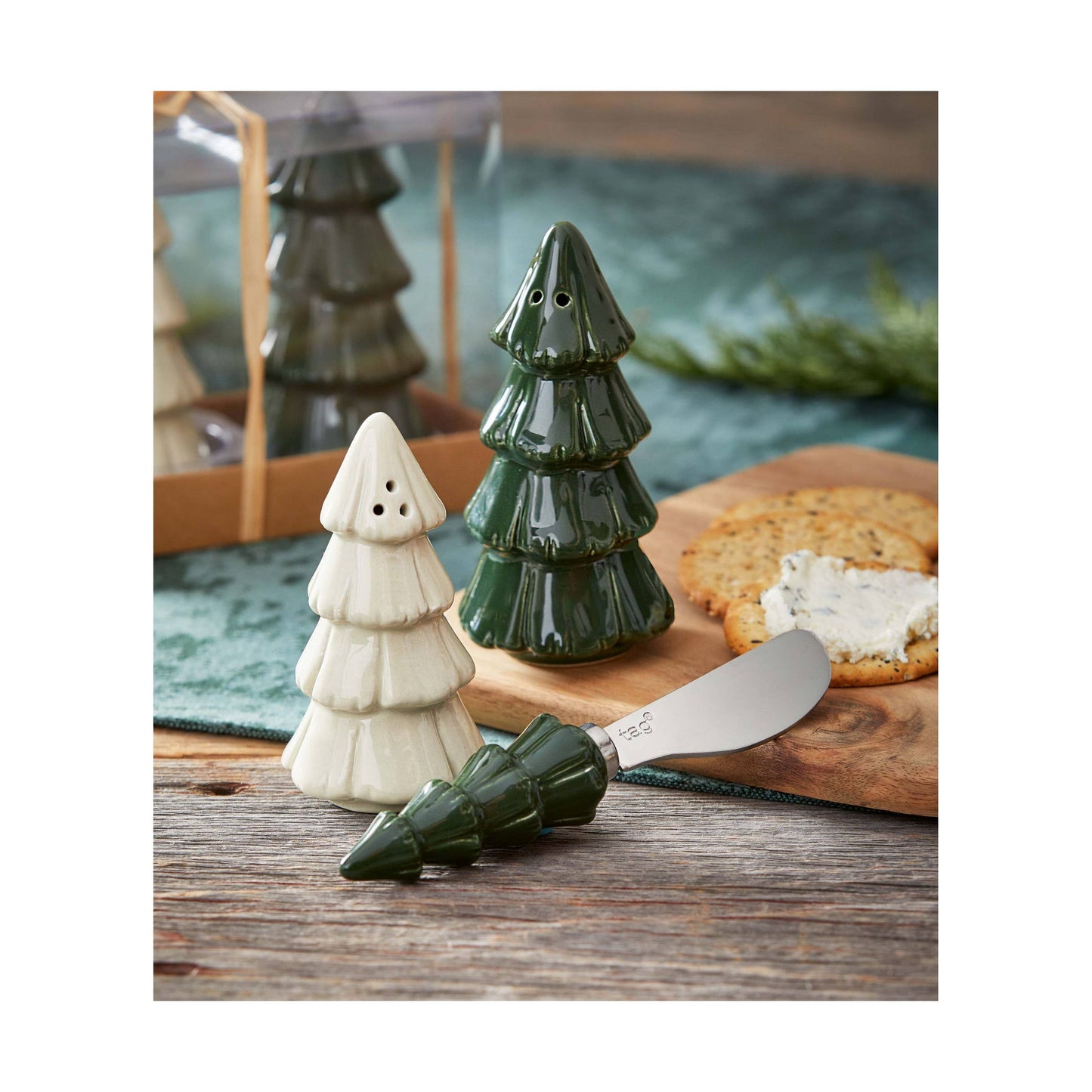 White and Green Ceramic Pine Tree Salt Pepper Shaker  Set