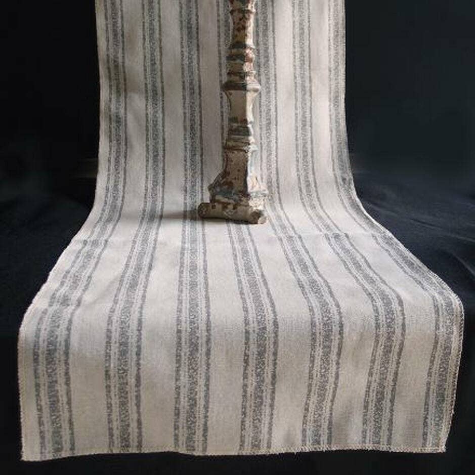 Rustic Gray Striped Linen Table Runner 14" wide