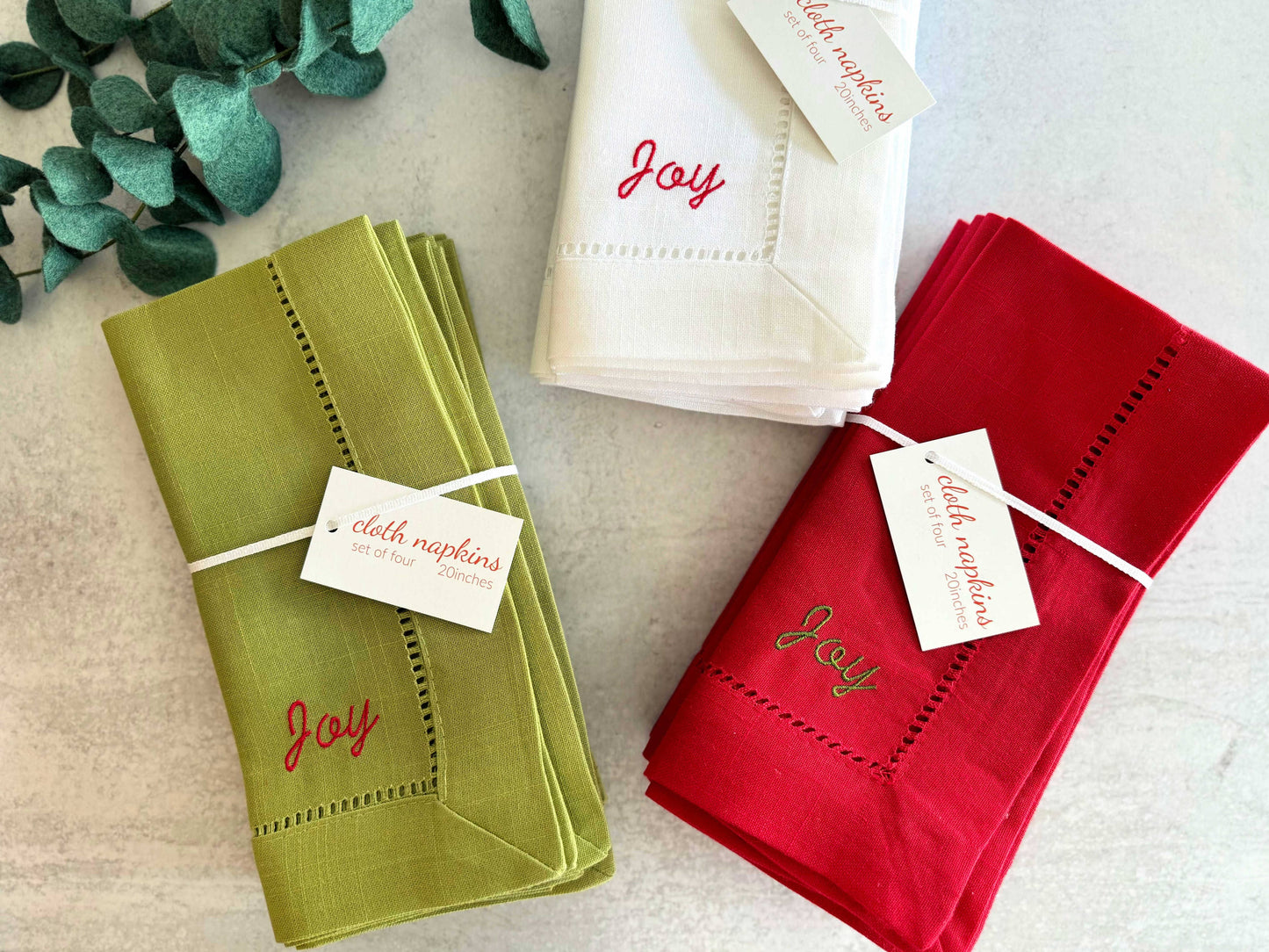 Holiday Words Hemstitch Cloth Napkins, set of four