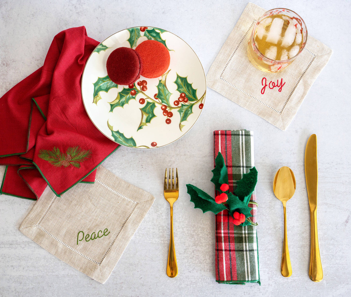 Holiday Word Linen Coasters, set of four