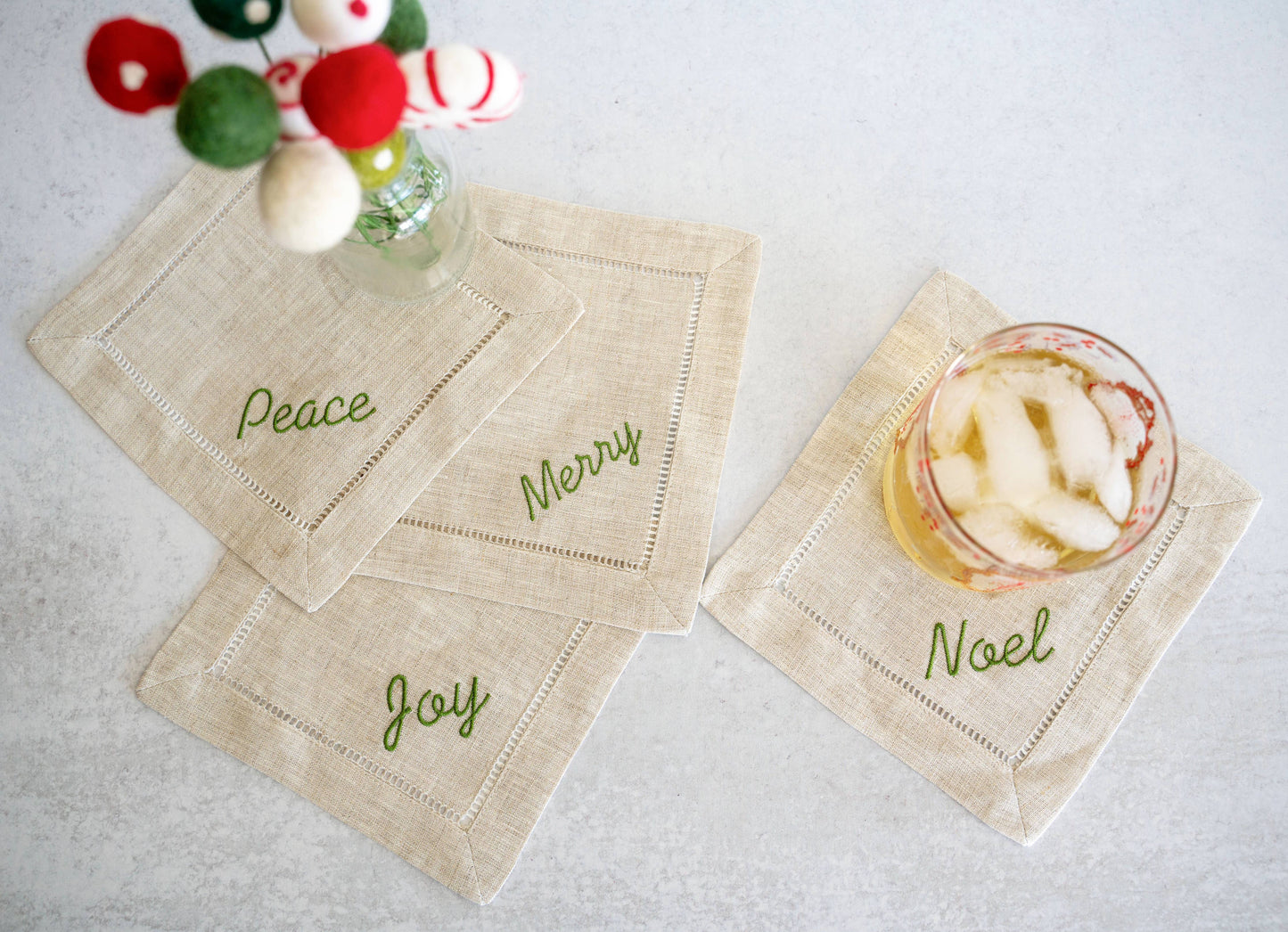 Holiday Word Linen Coasters, set of four