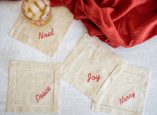 Holiday Word Linen Coasters, set of four