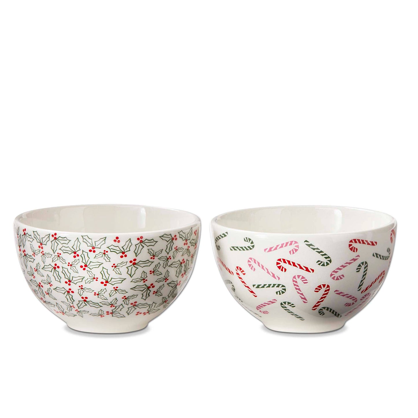 Candy Cane and Holly Print Ivory Ceramic Serving Bowls